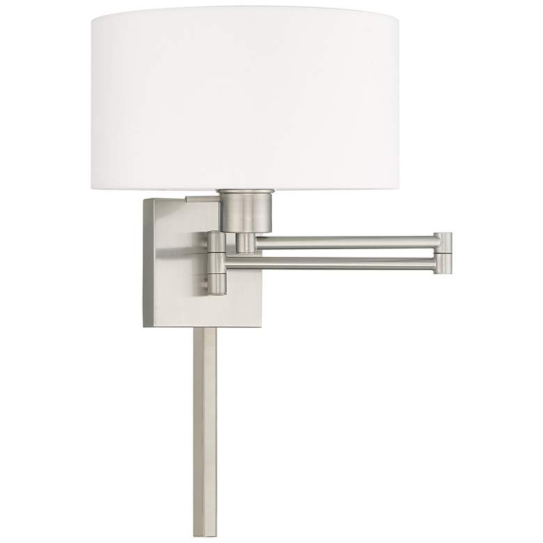Image 2 Brushed Nickel Swing Arm Wall Lamp with Off-White Drum Shade