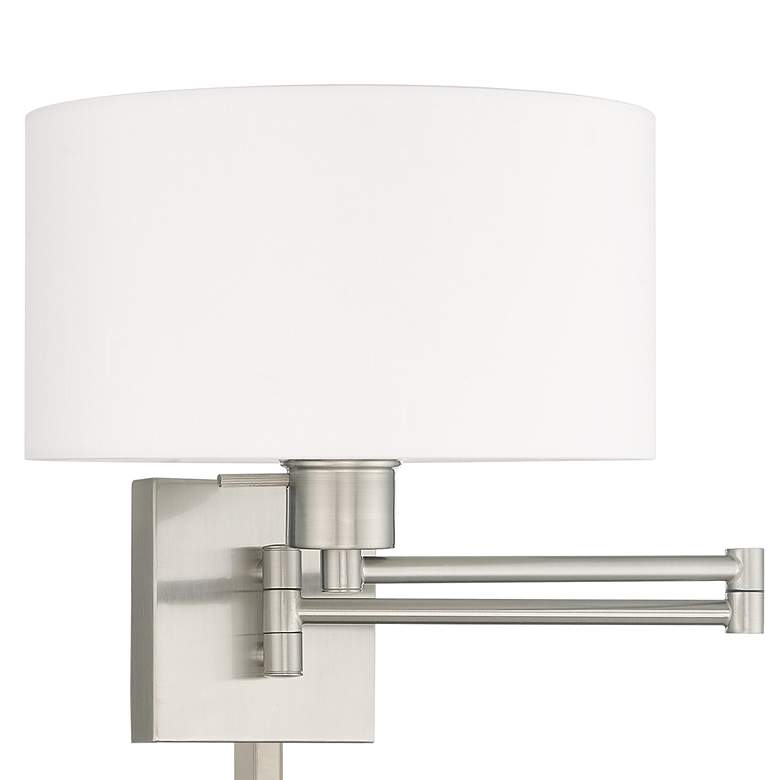 Image 3 Brushed Nickel Swing Arm Wall Lamp with Off-White Drum Shade more views