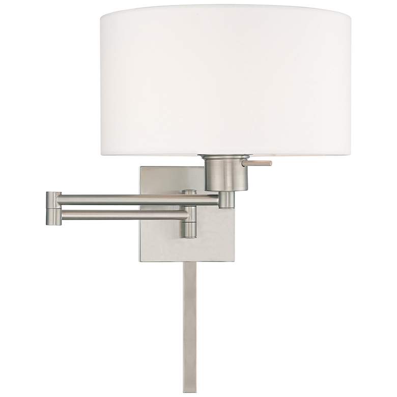 Image 5 Brushed Nickel Swing Arm Wall Lamp with Off-White Drum Shade more views