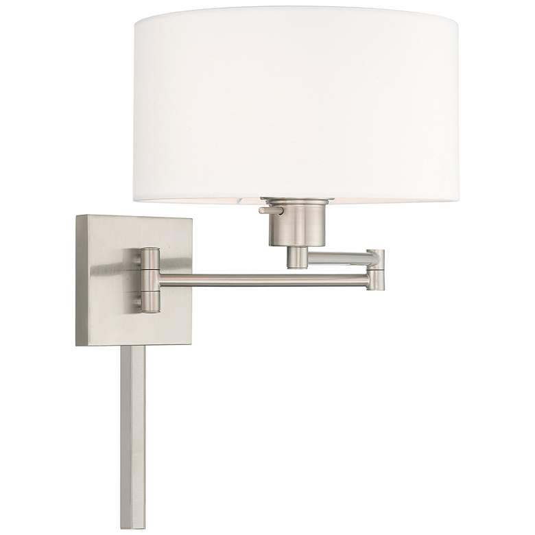 Image 6 Brushed Nickel Swing Arm Wall Lamp with Off-White Drum Shade more views