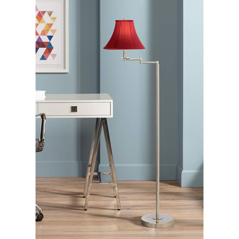 Image 1 Brushed Nickel with Red Shade Swing Arm Floor Lamp