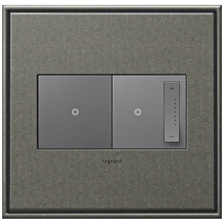 Image 1 Brushed Pewter 2-Gang Cast Metal Wall Plate w/ Switch and Dimmer