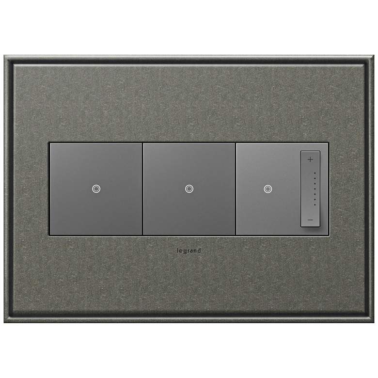 Image 1 Brushed Pewter 3-Gang Metal Wall Plate w/ 2 Switches and Dimmer