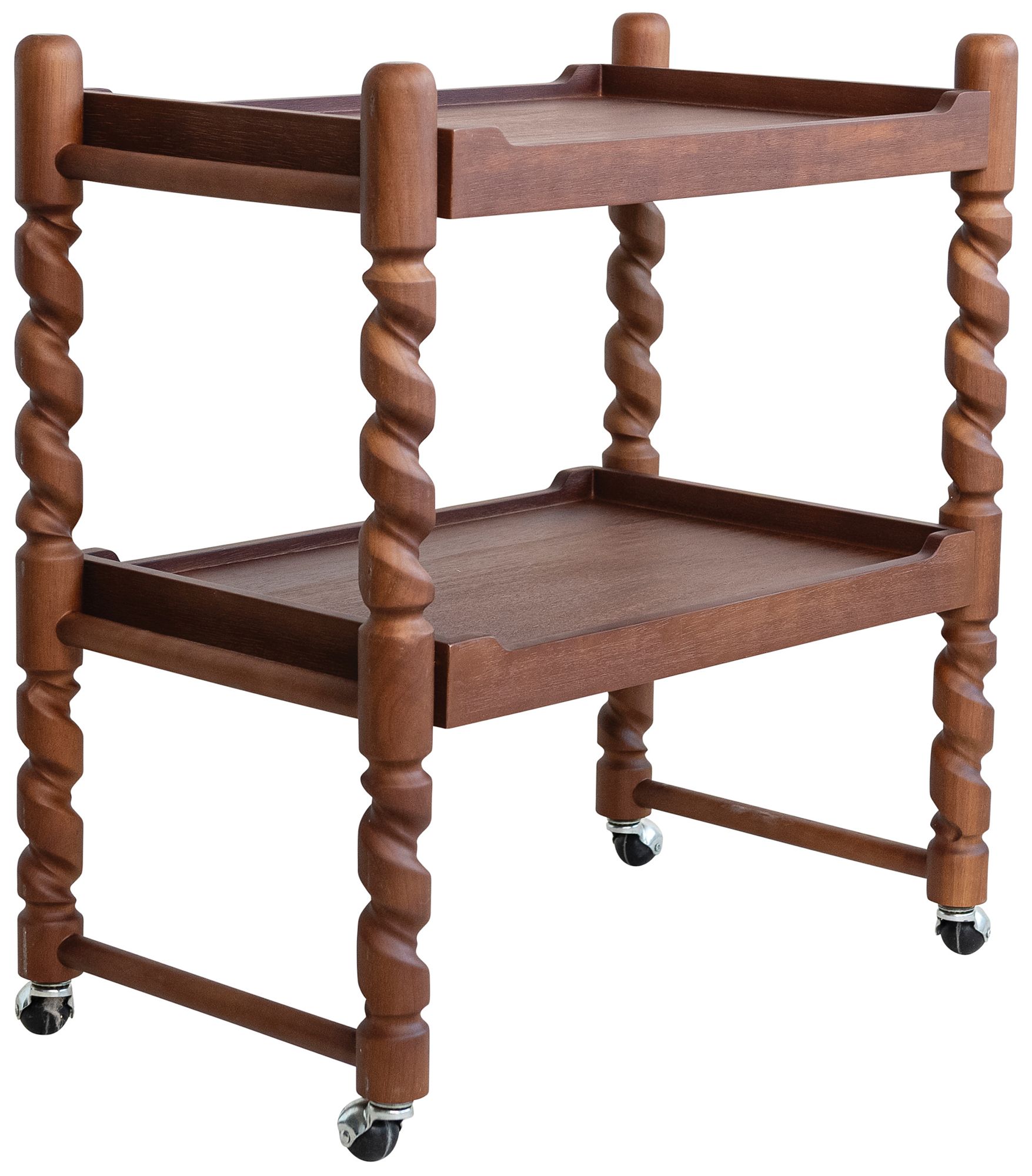 Image 2 Brushed Rubberwood 2-Tier Bar Cart with Casters, Walnut Finish