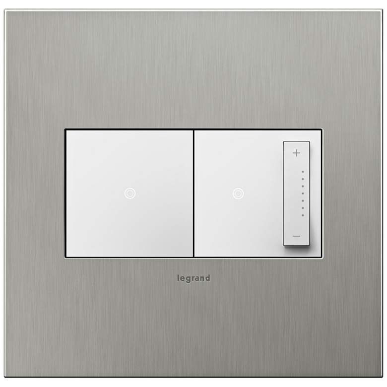 Image 1 Brushed Stainless 2-Gang Real Wall Plate w/ Switch and Dimmer