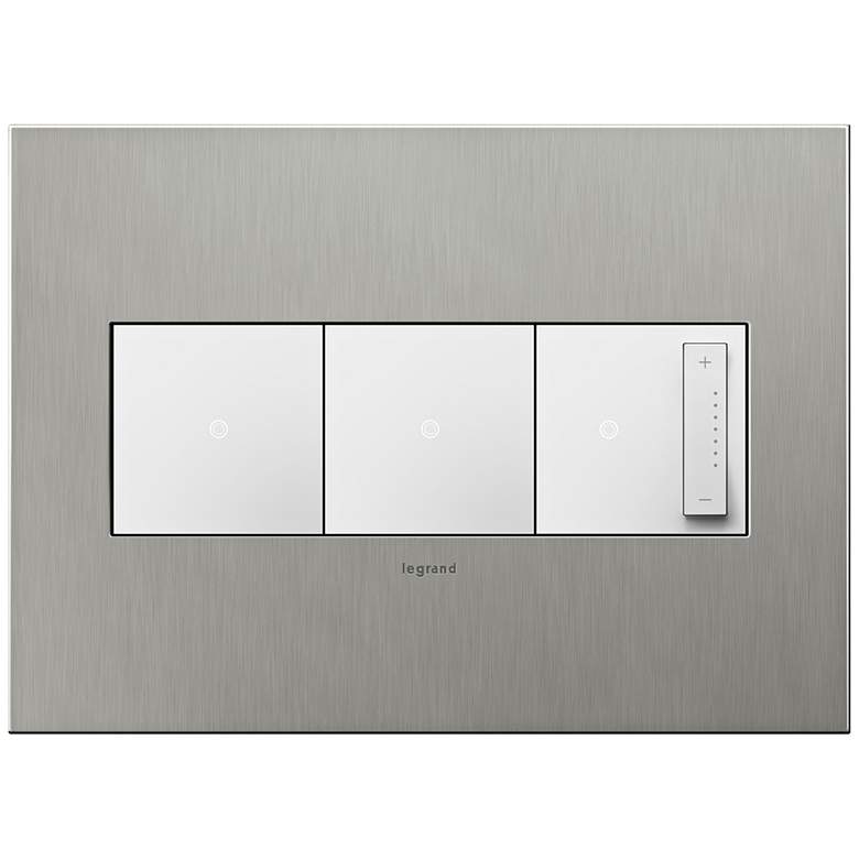 Image 1 Brushed Stainless 3-Gang Wall Plate w/ 2 Switches and Dimmer
