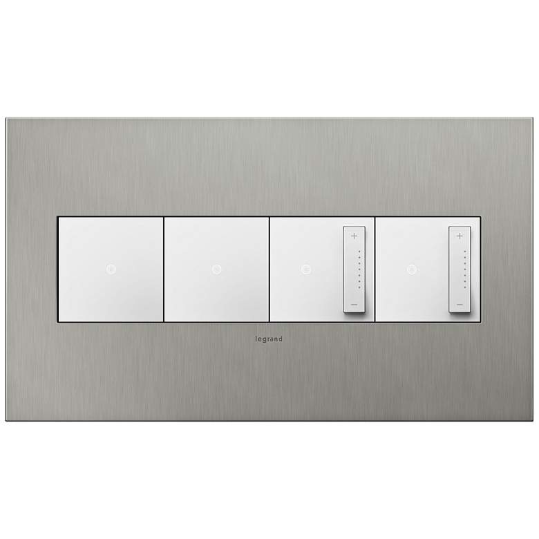 Image 1 Brushed Stainless 4-Gang Wall Plate w/ 2 Switches and 2 Dimmers