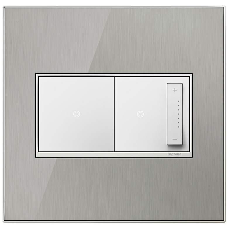 Image 1 Brushed Stainless Steel 2-Gang Wall Plate w/ Switch and Dimmer