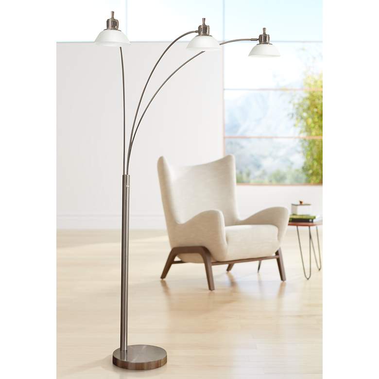 Image 1 Brushed Steel 3-Light LED Arc Floor Lamp with Glass Shades