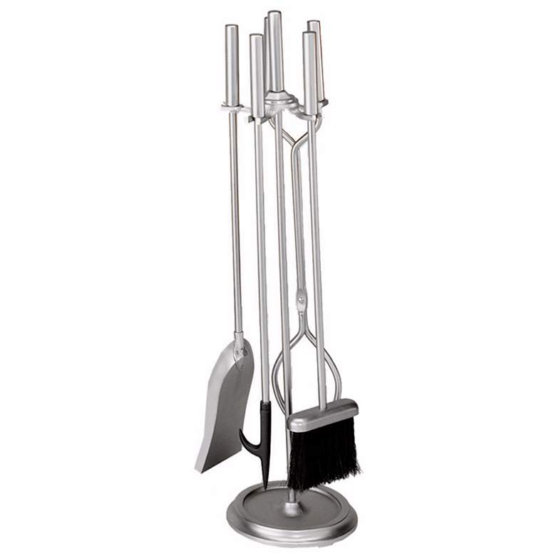 Image 1 Brushed Steel 4-Piece Fireplace Tool Set with Stand