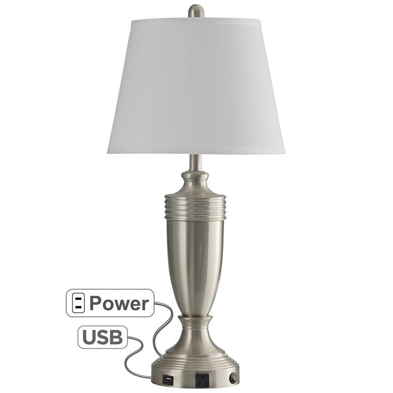 Brushed Steel Metal Table Lamp with Outlet and USB Port