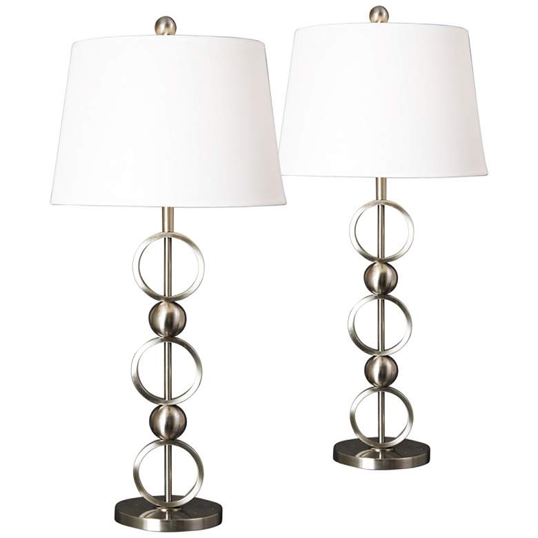 Image 1 Brushed Steel Ring Table Lamp w/ White Fabric Shade Set of 2