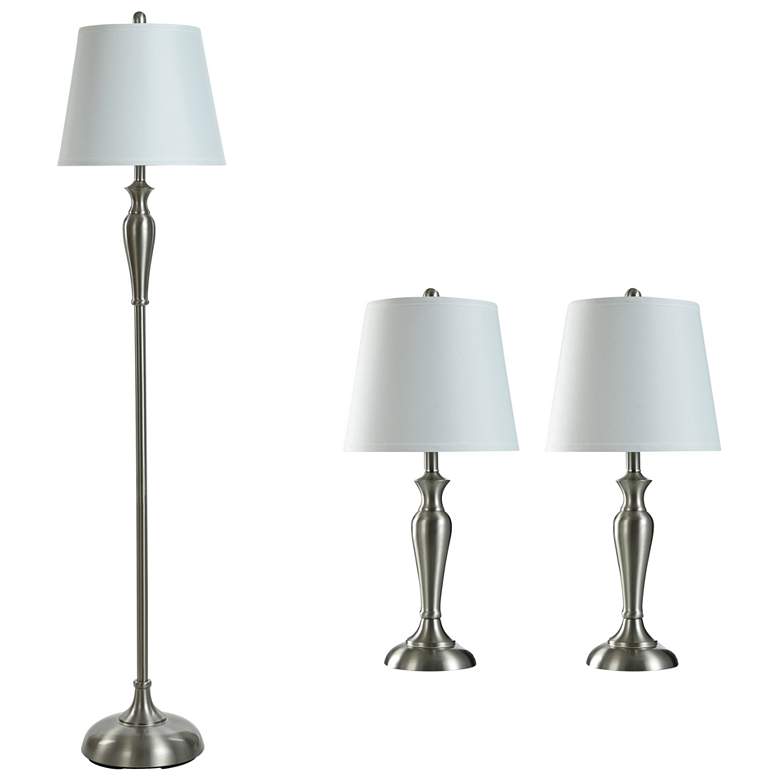 Image 1 Brushed Steel Set - Two Table Lamps &amp; One Floor Lamp With White Shades