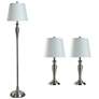 Brushed Steel Set - Two Table Lamps &amp; One Floor Lamp With White Shades