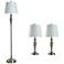 Brushed Steel Set - Two Table Lamps & One Floor Lamp With White Shades