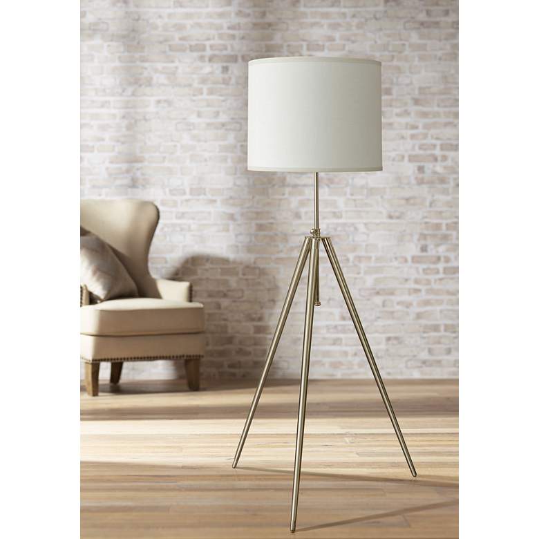 Image 1 Brushed Steel Tripod Floor Lamp with White Shade