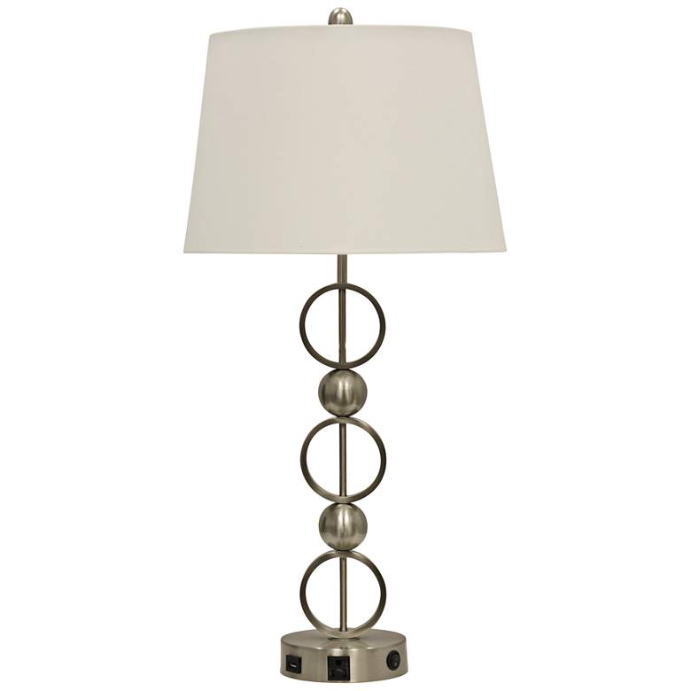 Image 1 Brushed Steel USB Table Lamp w/ White Hardback Fabric Shade