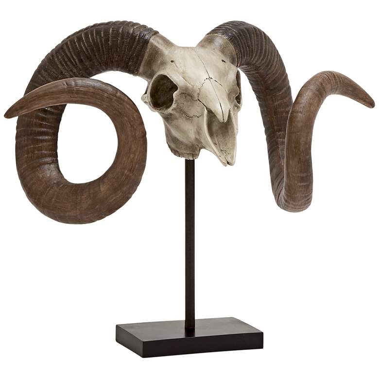 Image 1 Brut 22 inchW Bone White and Chestnut Brown Sheep Skull on Stand