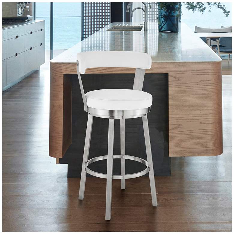 Image 1 Bryant 26 in. Swivel Barstool in Stainless Steel, White Faux Leather