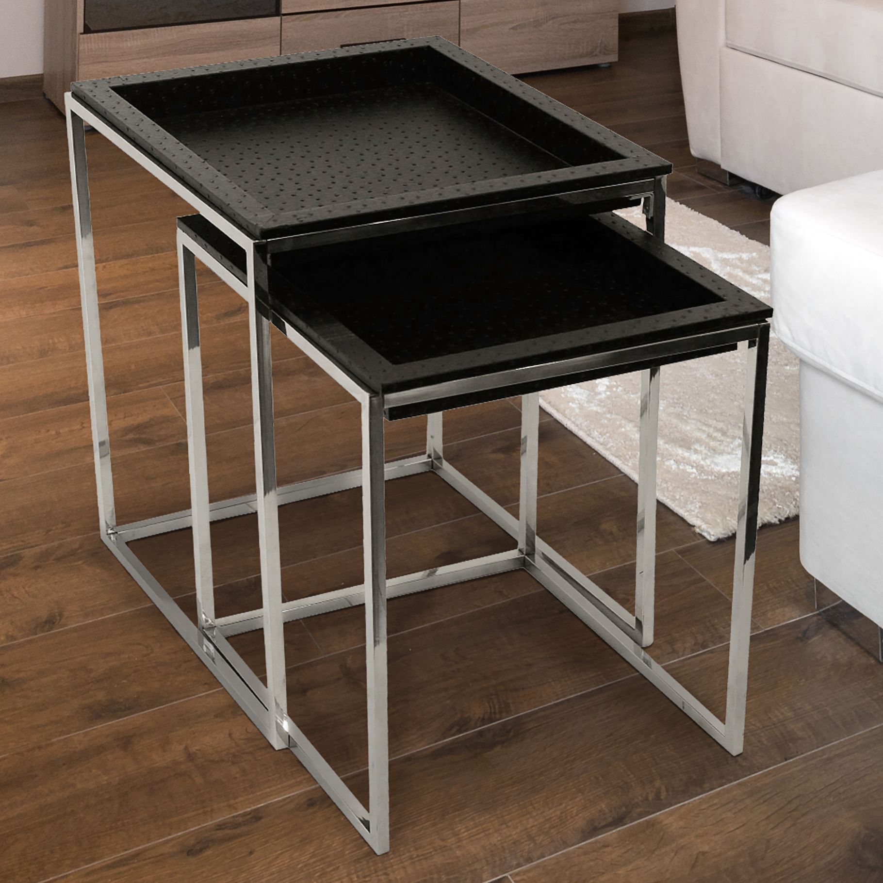 Bryce Black Faux Ostrich Leather Nesting Tables Set of 2 732P8