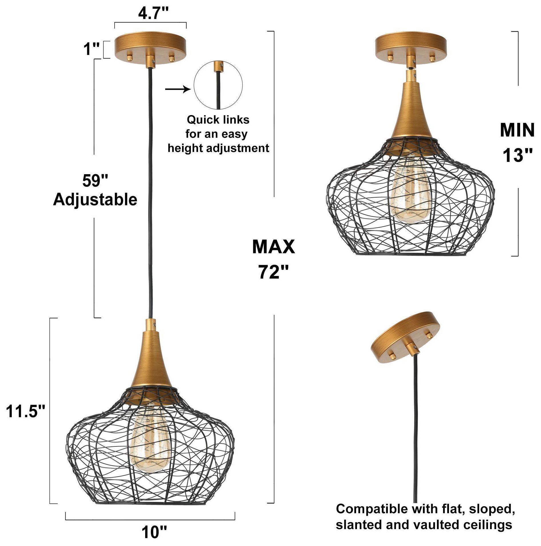 Image 3 Bryden 9.8"W 1-Light Brass Metal Cage Pendant more views