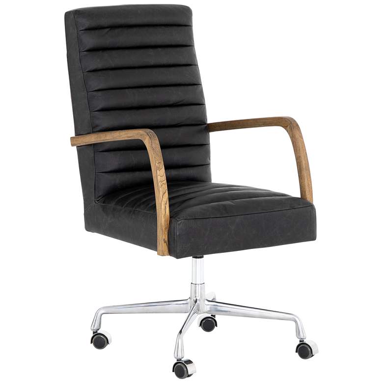 Image 1 Bryson Mid-Century Smoke Leather and Oak Swivel Desk Chair