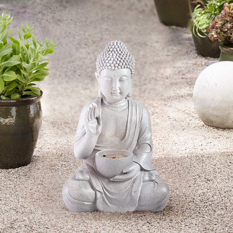 Image 1 Buddha 18 1/2 inch High Gray Faux Stone Bubbler Fountain with LED Light