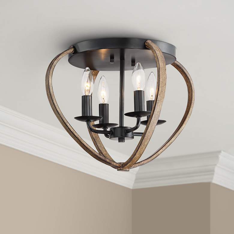 Image 1 Budding Bulb 16 inch Wide Bronze-Wood Finish Cage Ceiling Light