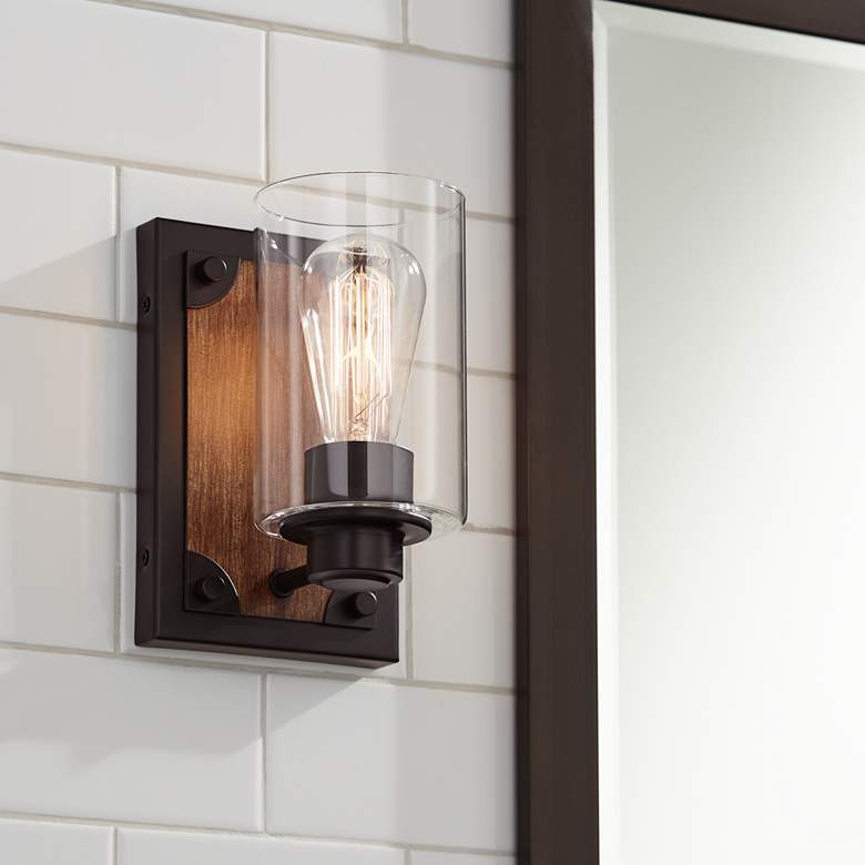 Buford 8&quot; High Wood-Accented Bronze Rustic Wall Sconce
