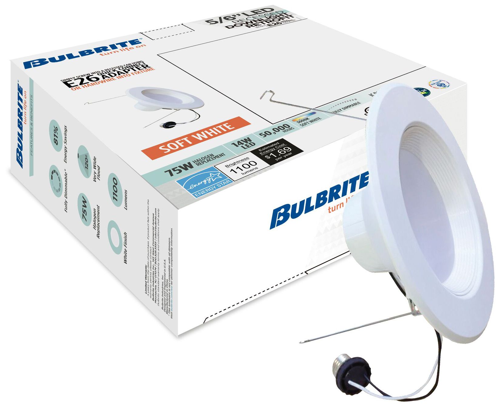 Image 2 Bulbrite 5/6" Downlight Retrofit 3000K Round Dimmable JA8 120V 4PK White more views