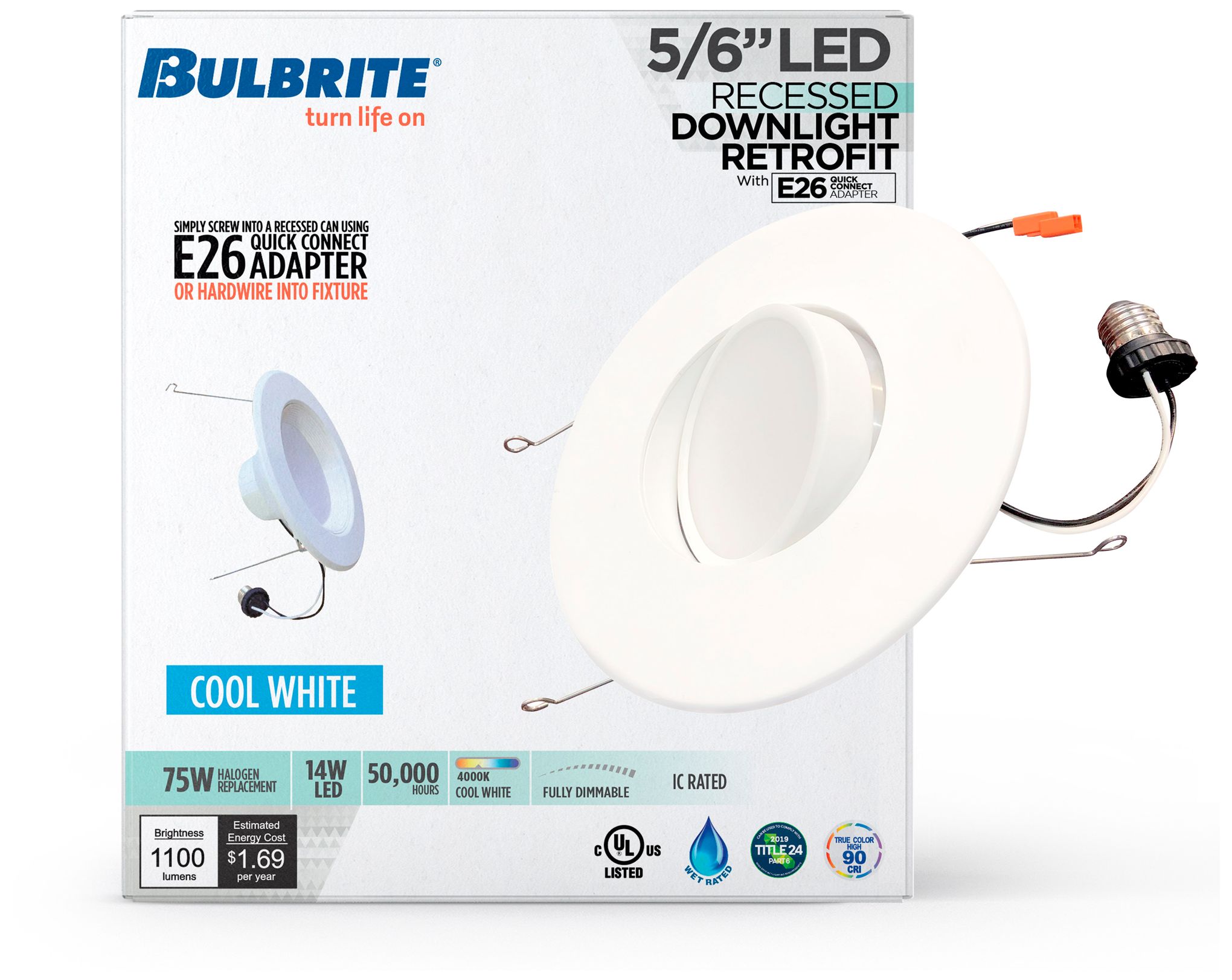 Image 2 Bulbrite 5/6" Downlight Retrofit 4000K Round Dimmable JA8 120V 4PK White more views
