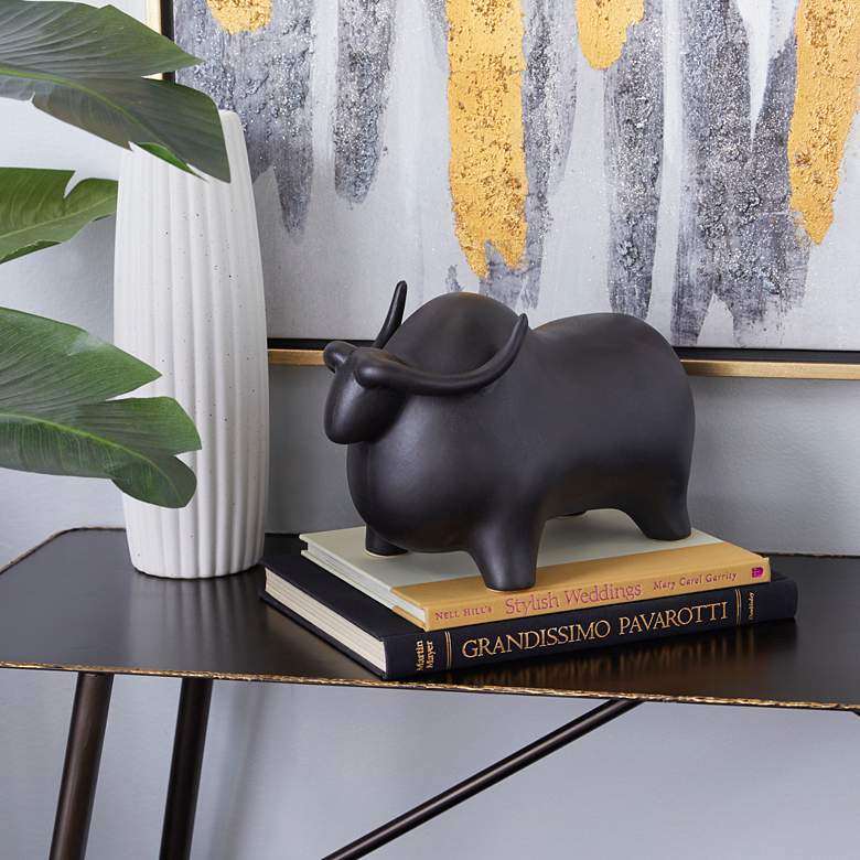 Image 1 Bull 12 1/4" Wide Black Ceramic Figurine
