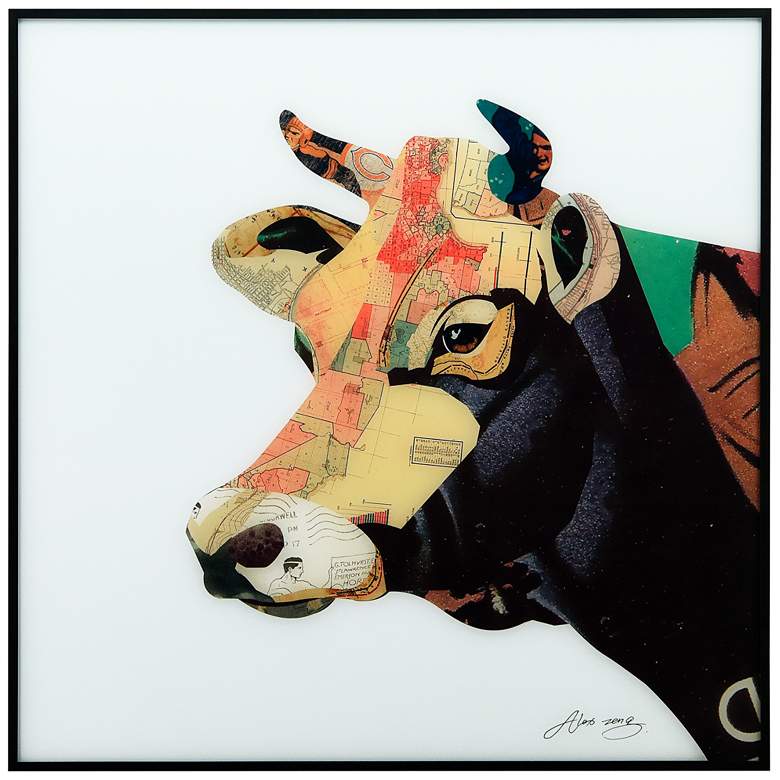 Image 2 Bull 24" Square Framed Printed Art Glass Wall Art