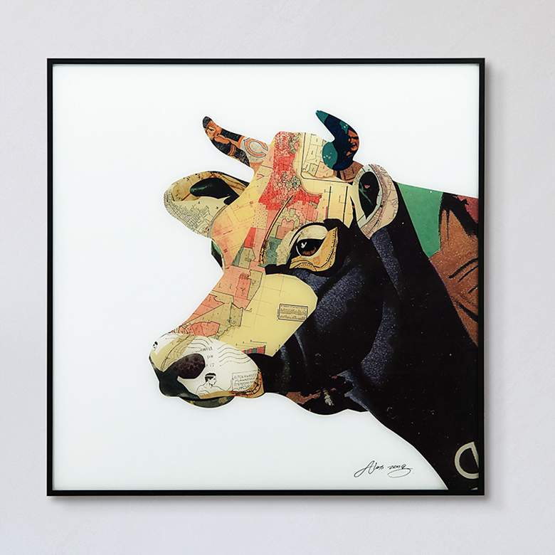 Image 1 Bull 24 inch Square Framed Printed Art Glass Wall Art