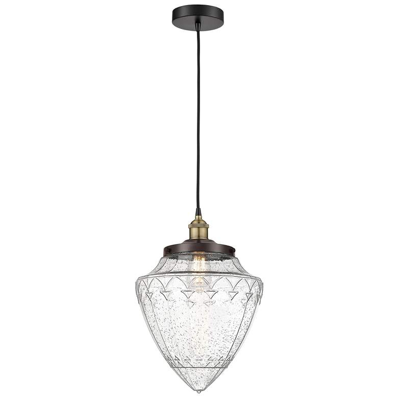 Image 1 Bullet 12" Wide Black Brass Corded Mini Pendant With Seedy Shade