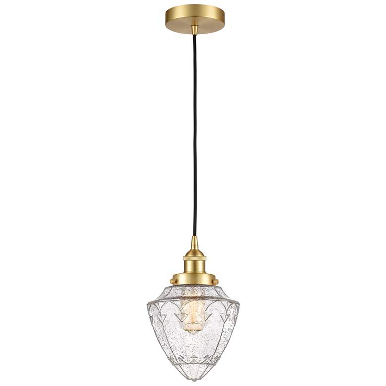 Image 1 Bullet 7" Satin Gold Cord Hung Mini Pendant w/ Seedy Shade