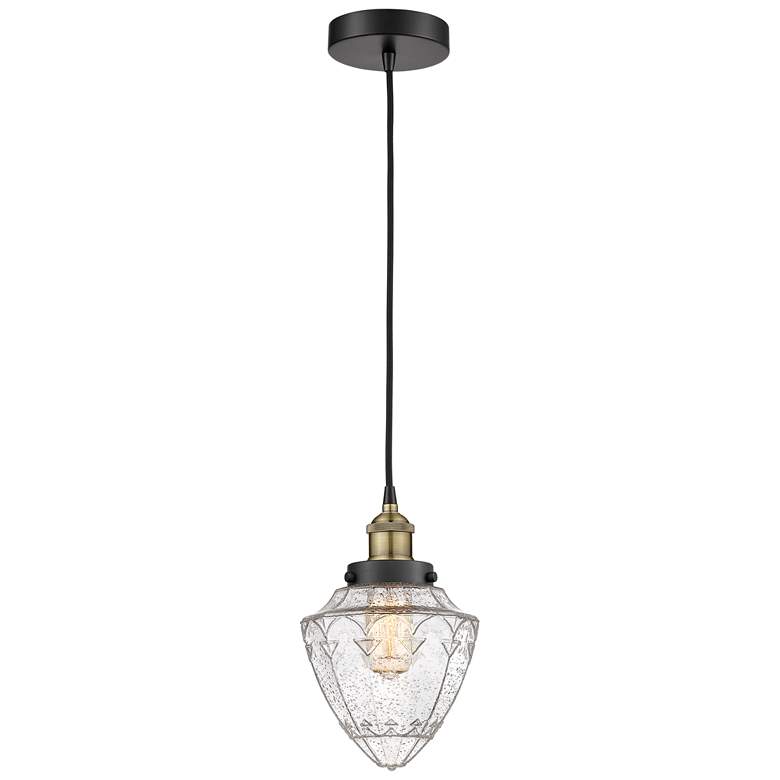 Image 1 Bullet 7" Wide Black Brass Corded Mini Pendant With Seedy Shade