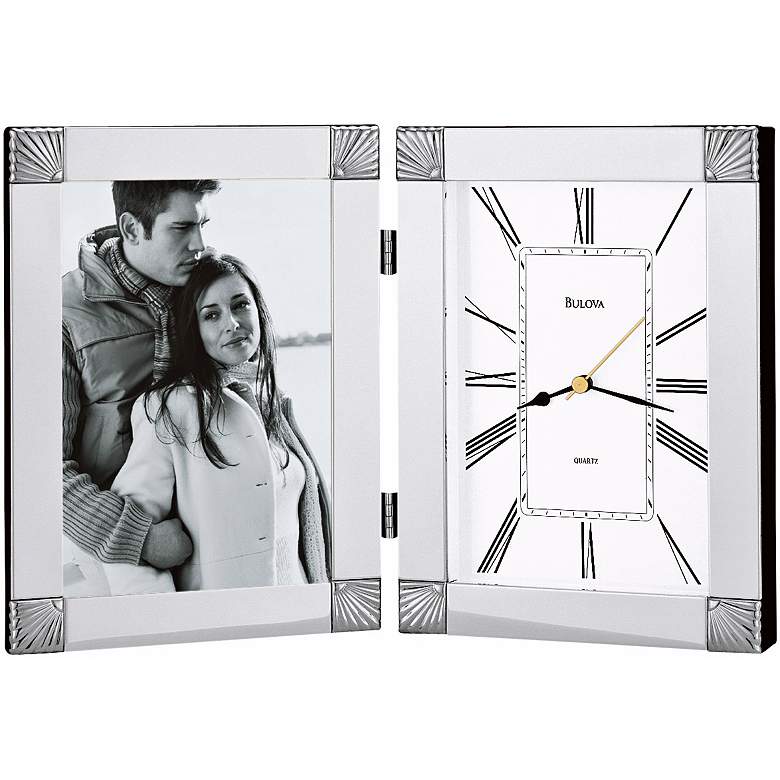 Image 1 Bulova Ceremonial Silver 12 1/2 inchW Picture Frame Table Clock