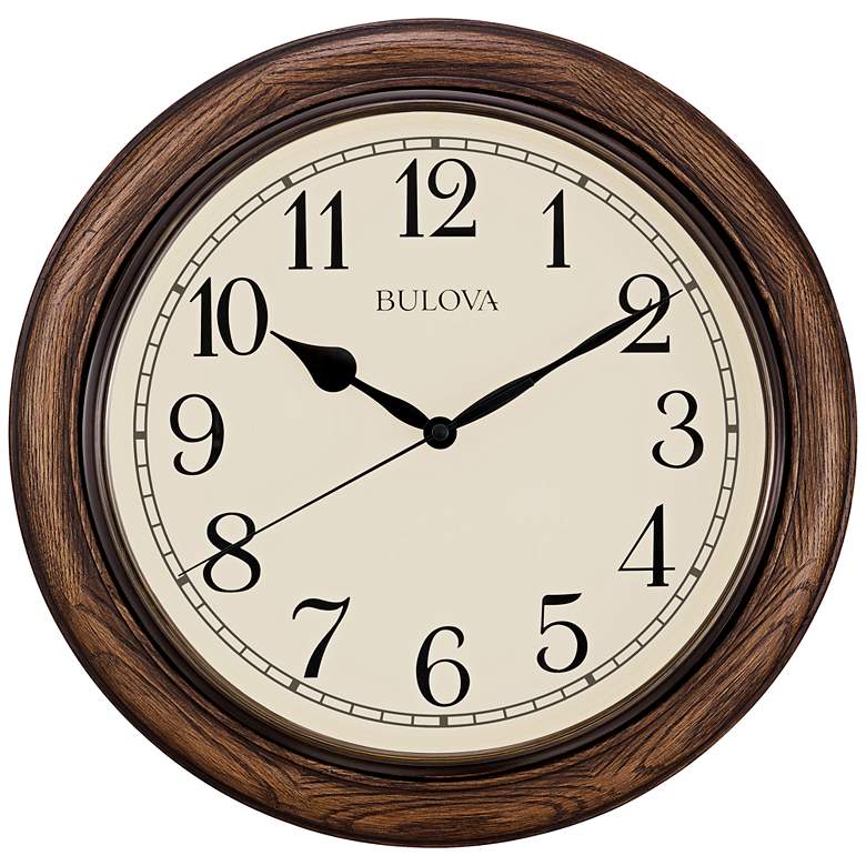 Image 1 Bulova Oakbrook Dark Oak Wood 16 inch Round Wall Clock