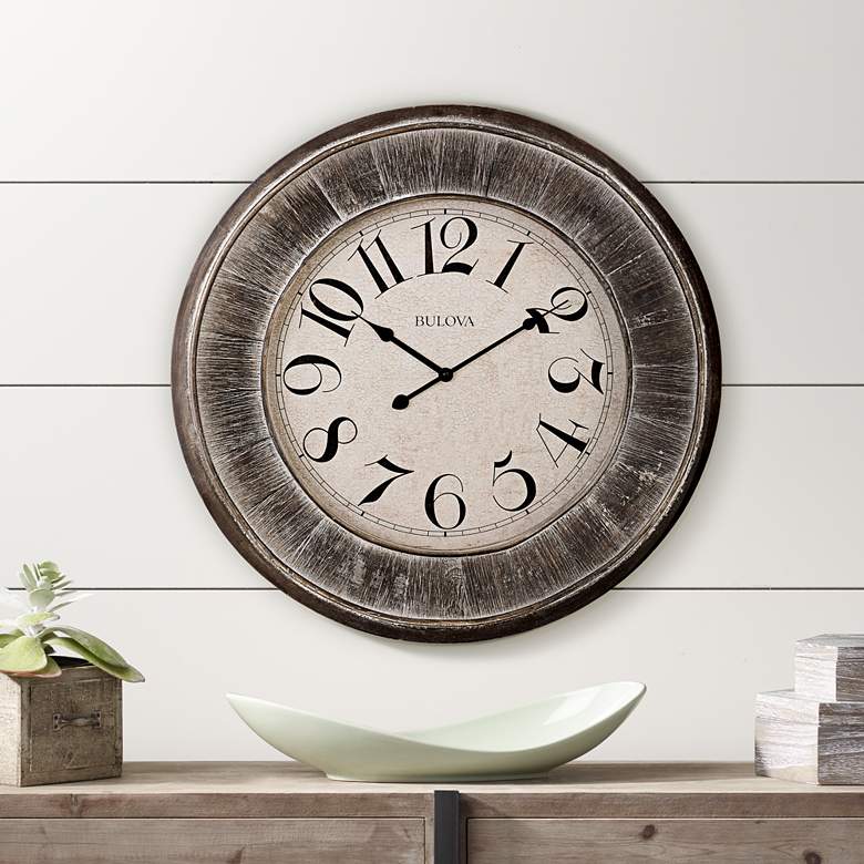 Image 1 Bulova Restoration Gray Wood 23 1/2 inch Round Wall Clock