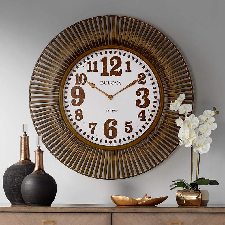 Image 1 Bulova Sunburst Gold Metal 28 3/4" Round Wall Clock