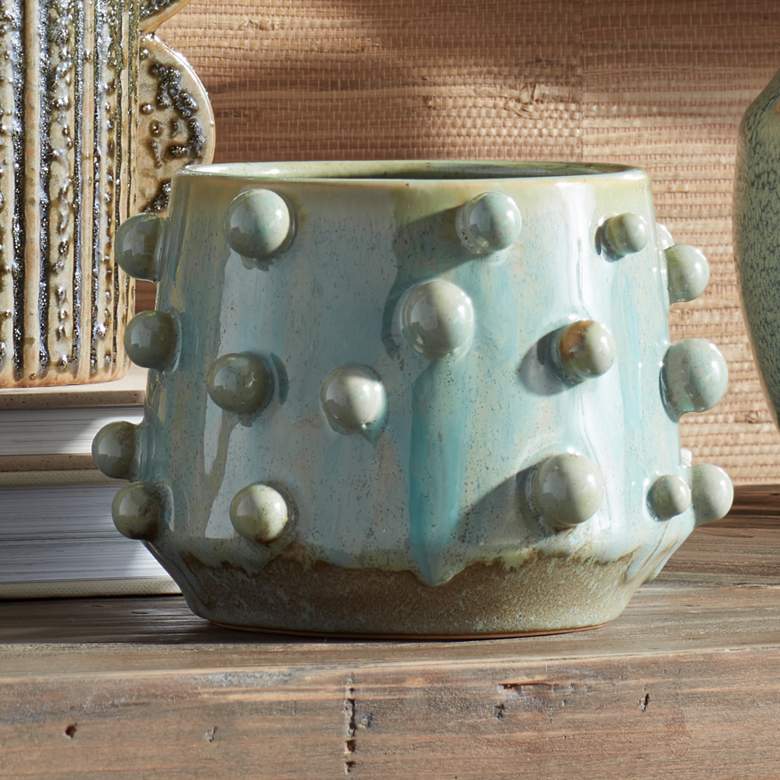 Image 1 Bumpy 5 1/2" Wide Green and Blue Stoneware Decorative Vase