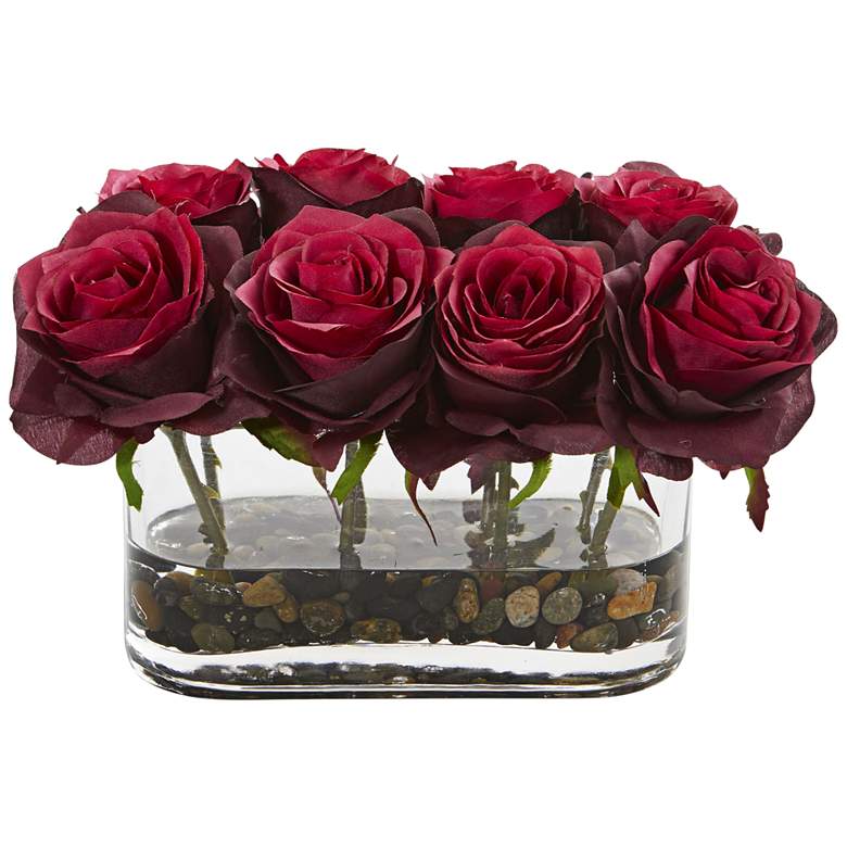 Image 1 Burgundy Blooming Roses 8 1/2 inchW Faux Flowers in Glass Vase