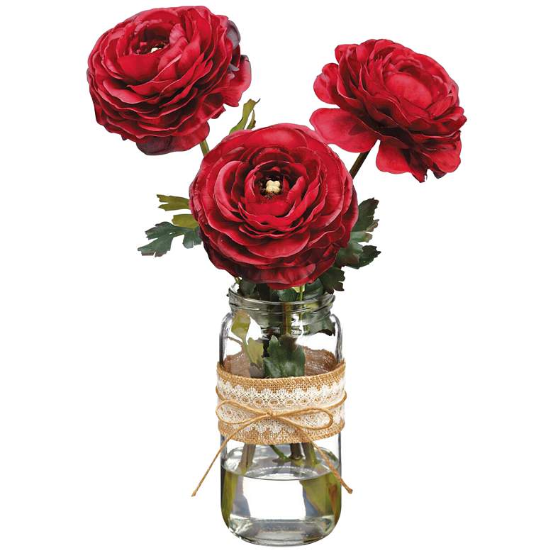 Image 1 Burgundy Ranunculus 15 inch High Faux Flowers in Glass Vase
