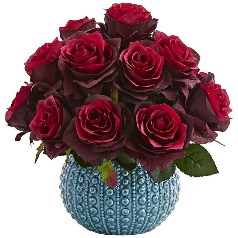 Image 1 Burgundy Rose 11 1/2 inch Wide Faux Flowers in Ceramic Vase