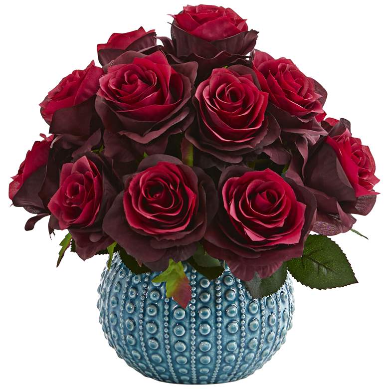Image 1 Burgundy Rose 11 1/2" Wide Faux Flowers in Ceramic Vase