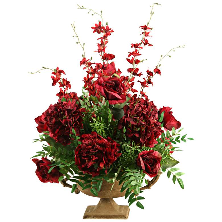 Image 1 Burgundy Roses Hydrangeas and Orchids 28 1/2 inchH Faux Flowers