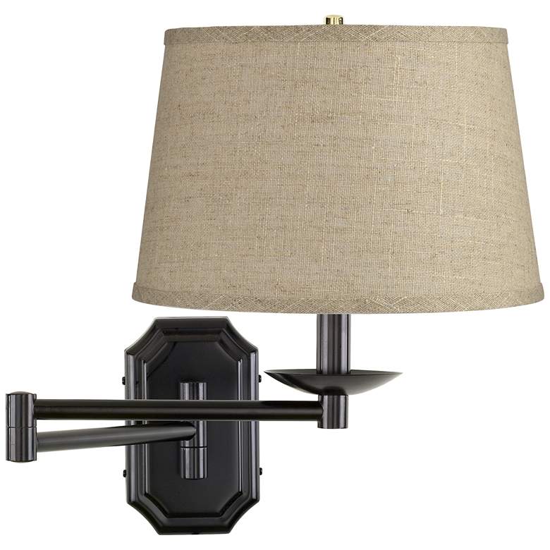 Image 1 Burlap Drum Shade Dark Bronze Plug-In Swing Arm Wall Lamp