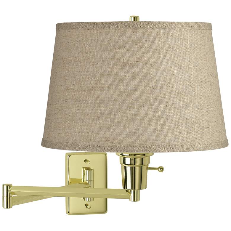 Image 1 Burlap Drum Shade Polished Brass Plug-In Swing Arm Wall Lamp