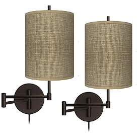 Image1 of Burlap Print Tessa Bronze Swing Arm Wall Lamps Set of 2